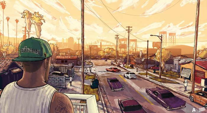 Carl Johnson from Grand Theft Auto: San Andreas overlooking a street