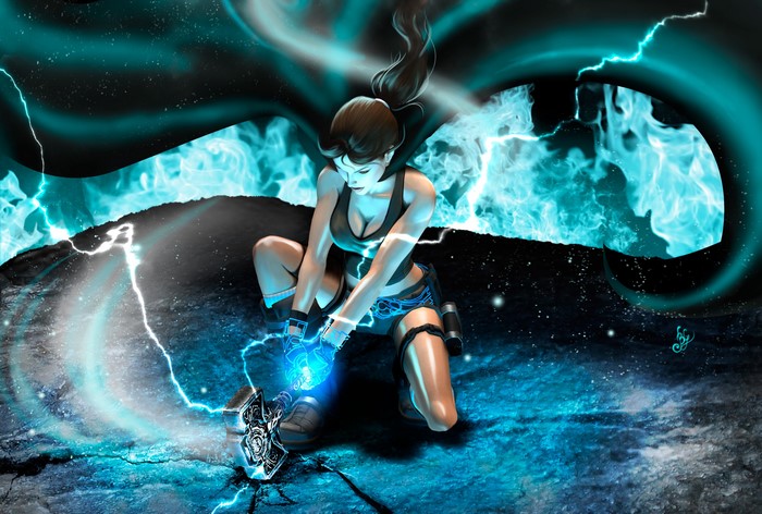 Lara Croft from Tomb Raider with a war hammer and lightning