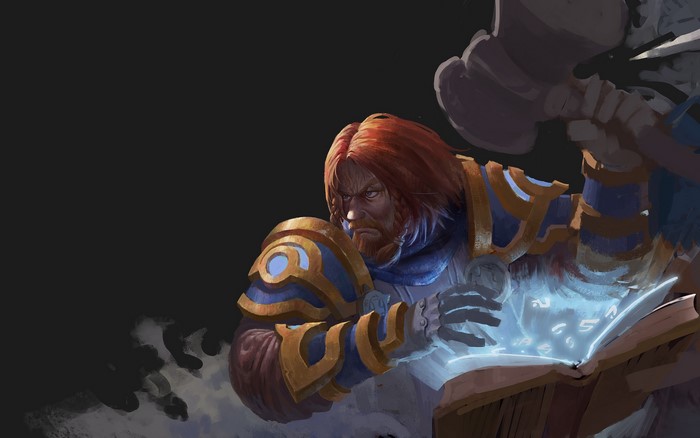 Omniknight from DOTA 2 casting a spell from a book