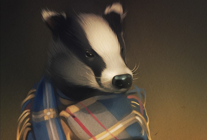 European badger wearing a plaid scarf