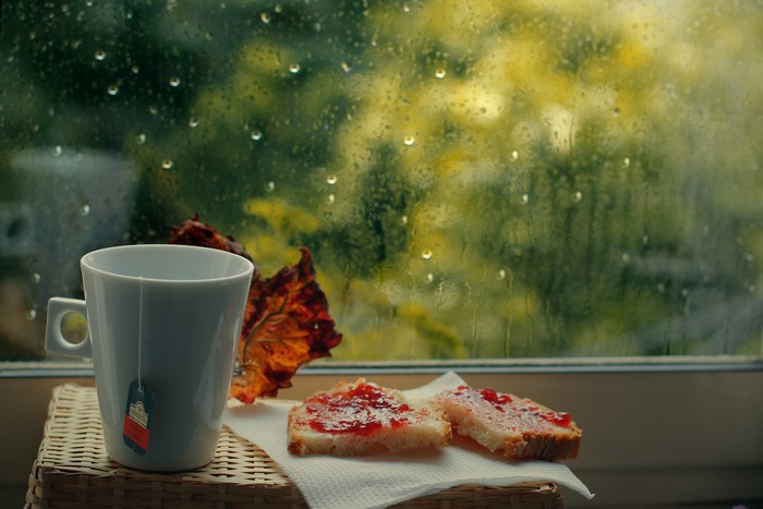 Tea and toast with jam by a rainy window