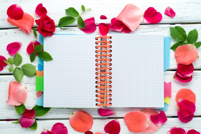 Notebook with Rose Petals and Leaves