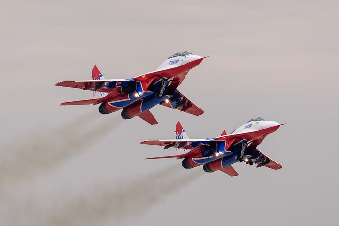 Two Mikoyan MiG-29 fighter jets in flight