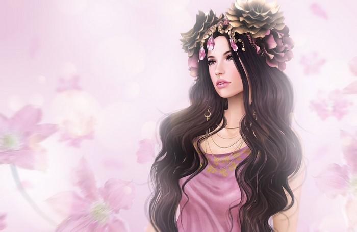 Brunette girl with flower crown and pink dress