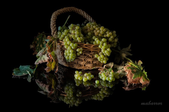 Green grapes in a wicker basket with leaves