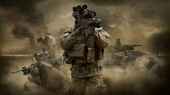 Soldiers with advanced gear and a tank
