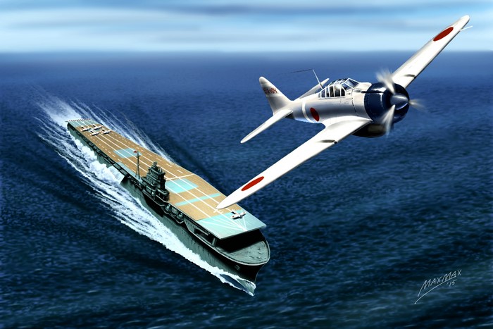 Japanese Aircraft Carrier Shokaku with Zero Fighter