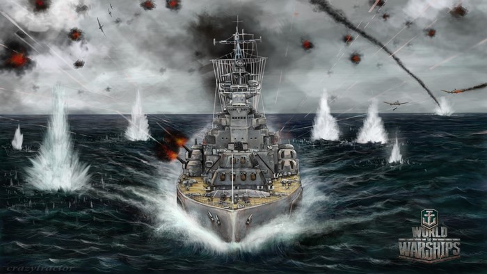 World of Warships battle scene with battleship and aircraft