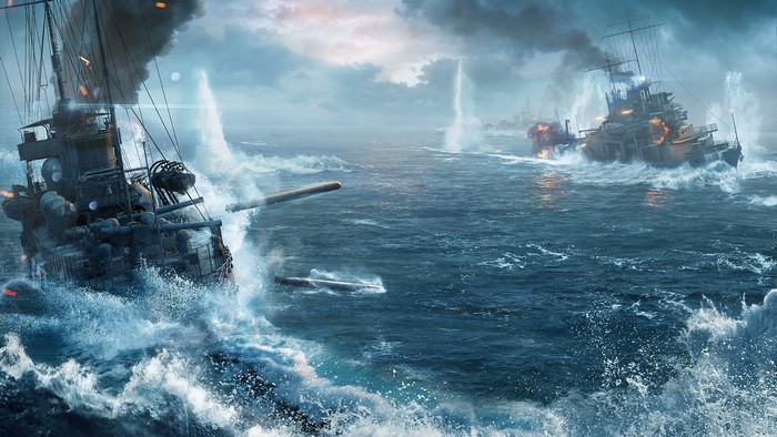 World of Warships battle with ships and torpedoes