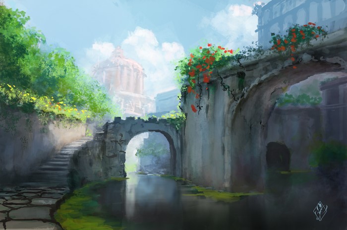 4K Pictorial art of ancient stone bridges and stairs