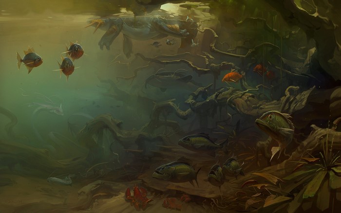 Underwater scene with fish and aquatic plants