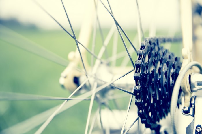 Closeup of a bicycle chain and wheel