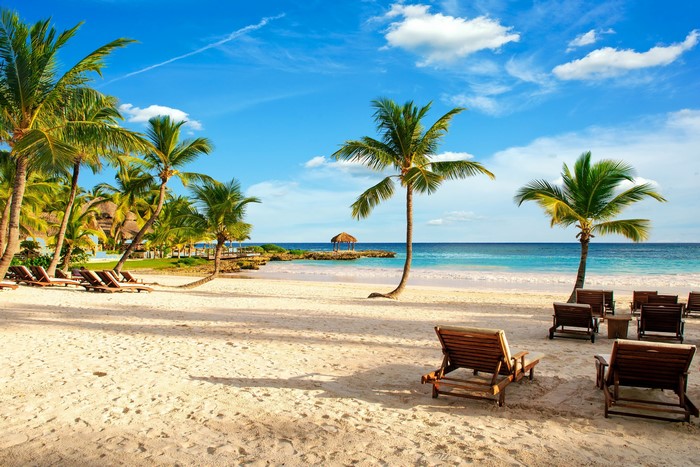 Tropical beach with palm trees and sunloungers