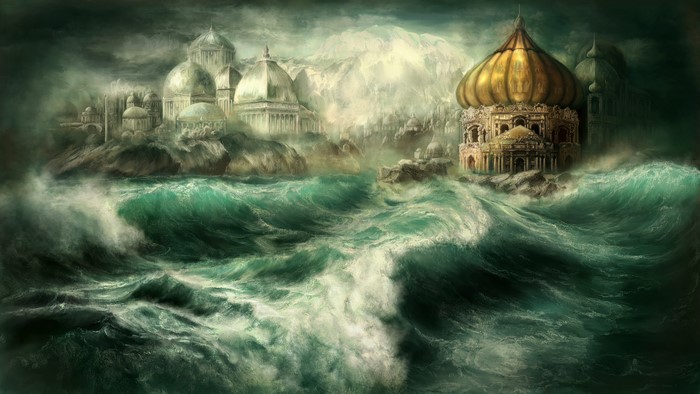 Fantastic world with waves and houses