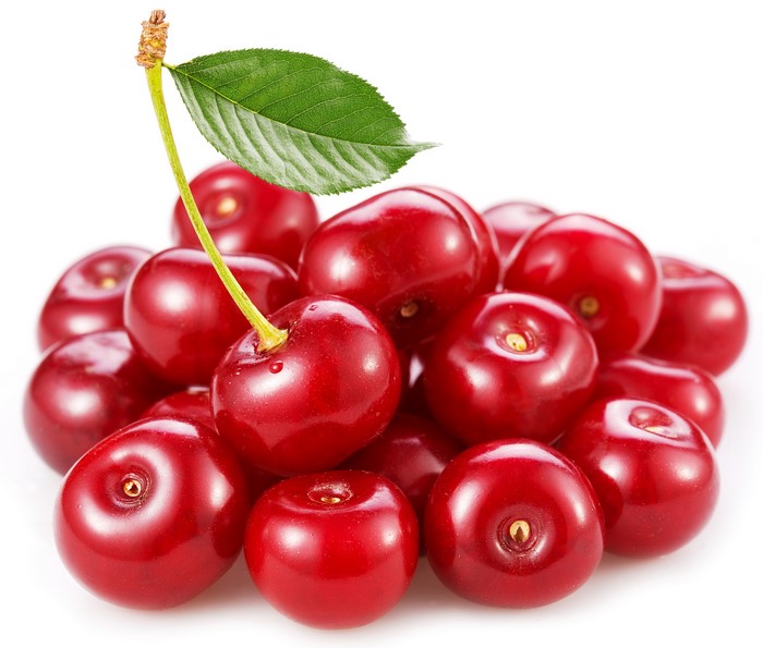 Pile of Red Cherries with Stem and Leaf