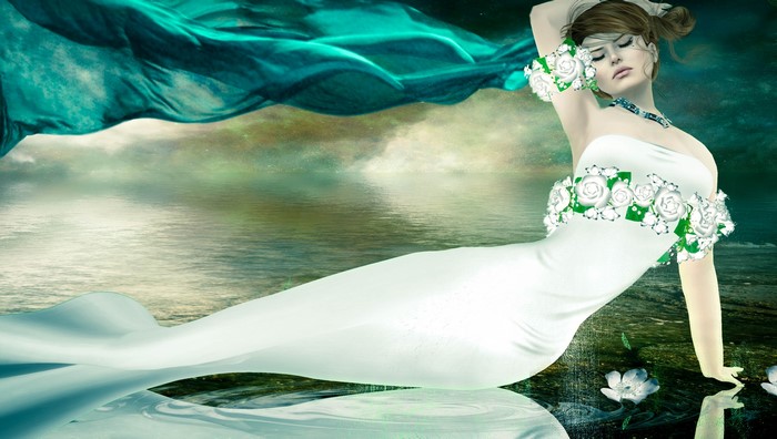 Woman in white dress with roses
