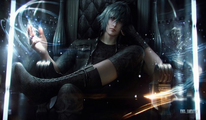 Noctis Lucis Caelum from Final Fantasy XV sitting on a throne