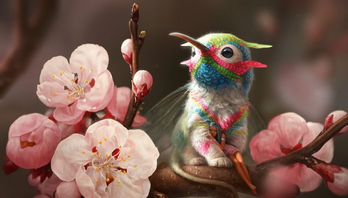 Fantasy creature with fairy on a blooming branch