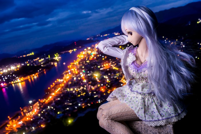 Doll overlooking a city at night