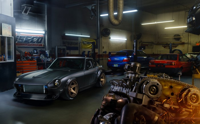 Datsun 280Z in a garage with project engine