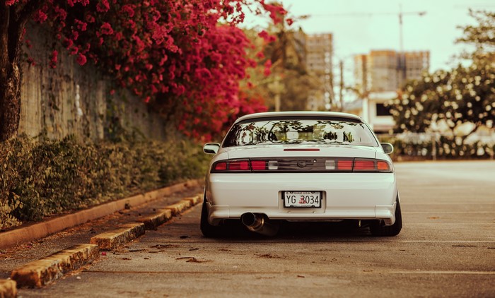 White Nissan Silvia S14 stance, back view