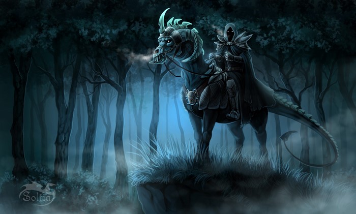 A hooded figure rides a dragon-like horse through a dark forest