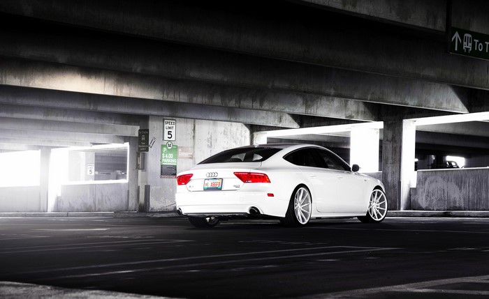 White Audi A7 in Parking Garage