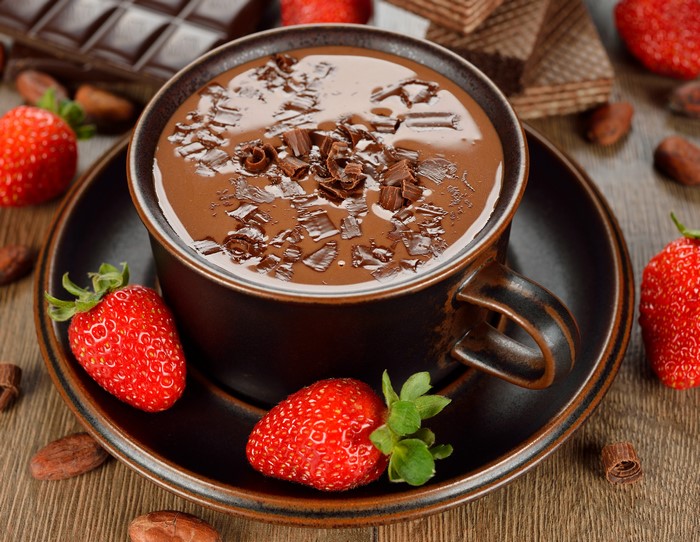 Hot Chocolate with Strawberries and Chocolate Bar