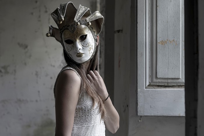 Woman in Venetian Mask and White Dress