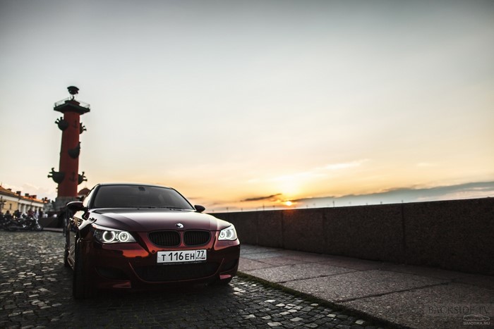 BMW E60 near Rostral Column at sunset, St. Petersburg