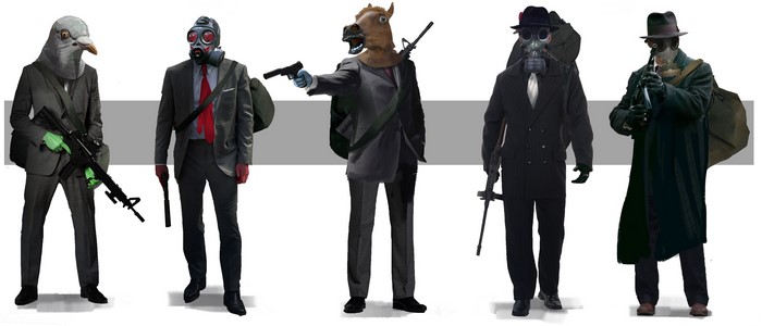 Men in Suits with Animal Masks and Gas Masks Holding Weapons