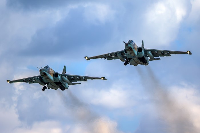 Two Sukhoi Su-25 Frogfoot attack aircraft in flight
