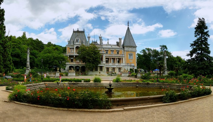 Palace with fountain and garden in Crimea
