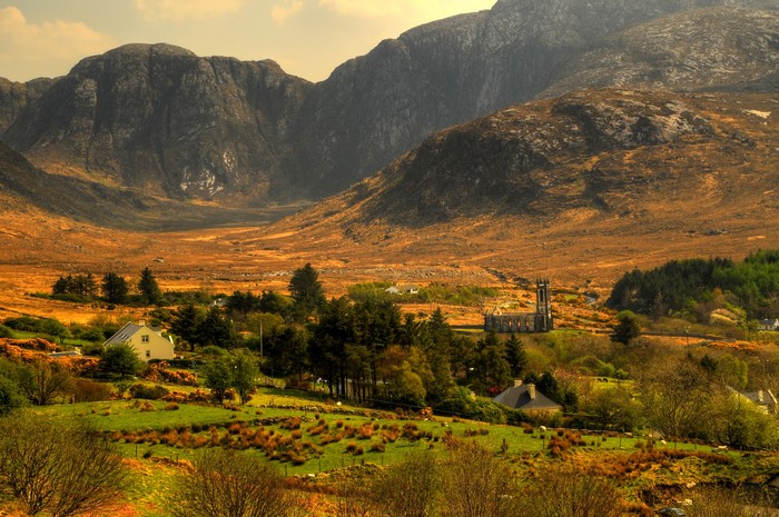Dunlewey Ireland Mountains Scenery with Houses and Fields