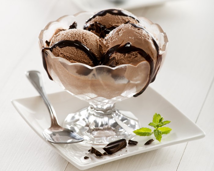 Chocolate ice cream in a glass bowl with chocolate syrup