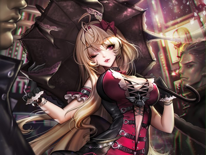 Blonde girl with umbrella and men in background