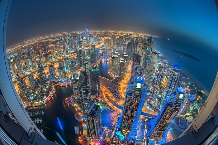 Dubai Marina skyscrapers at night from above