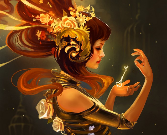 Woman with ornate headdress holding a glowing key
