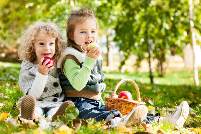 Two little girls eating apples in a park