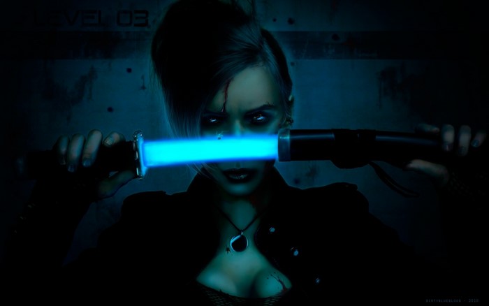 Woman with glowing blue saber