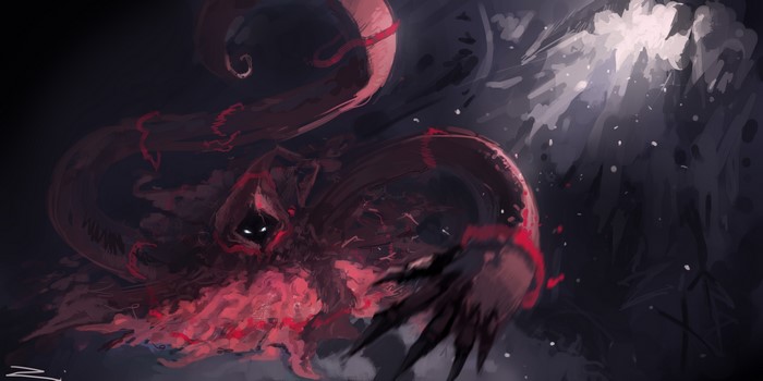 Hooded figure with red tendrils