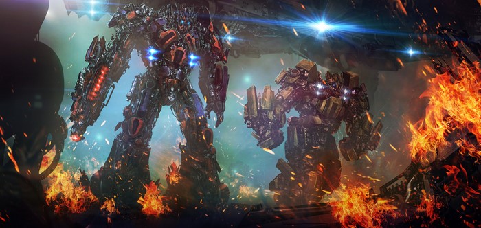 Optimus Prime and Ironhide in Fiery Battle Scene