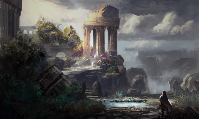 Ruined Temple with Figures and Waterfall