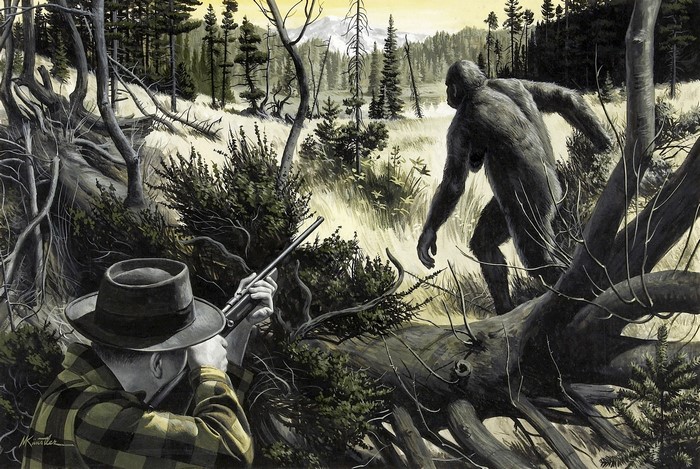 Man with rifle aims at Bigfoot in forest