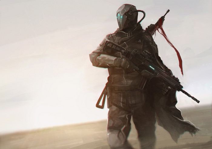 Soldier in desert with assault rifle