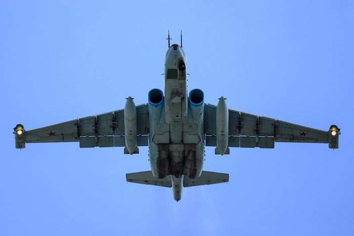 Sukhoi Su-25 Frogfoot attack aircraft flying overhead