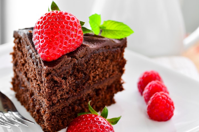 Chocolate cake with strawberry and raspberries