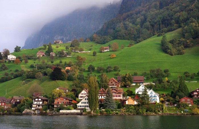Houses on a grassy hillside by a lake in Switzerland