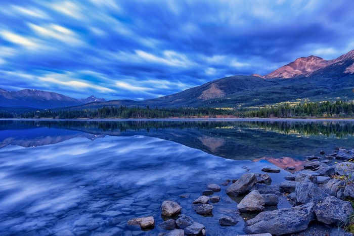 Pyramid Lake, Alberta, Canada with Mountains and Clouds