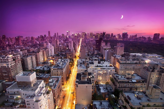New York City Skyline at Dusk with Crescent Moon